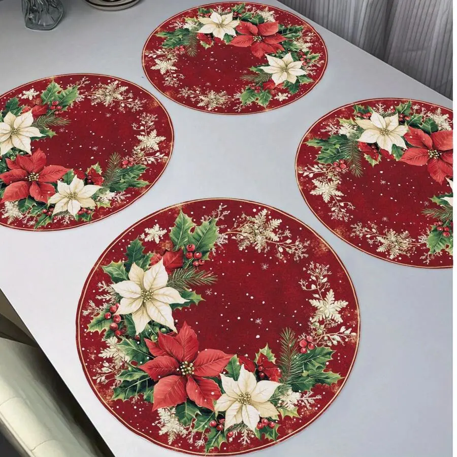 Festive Christmas Party Decorations 6pcs 4pcs 1pc Circular Placemat with Pine Cones Berries Red 15Inch Linen Non Slip Heat Resistant Table Mats
