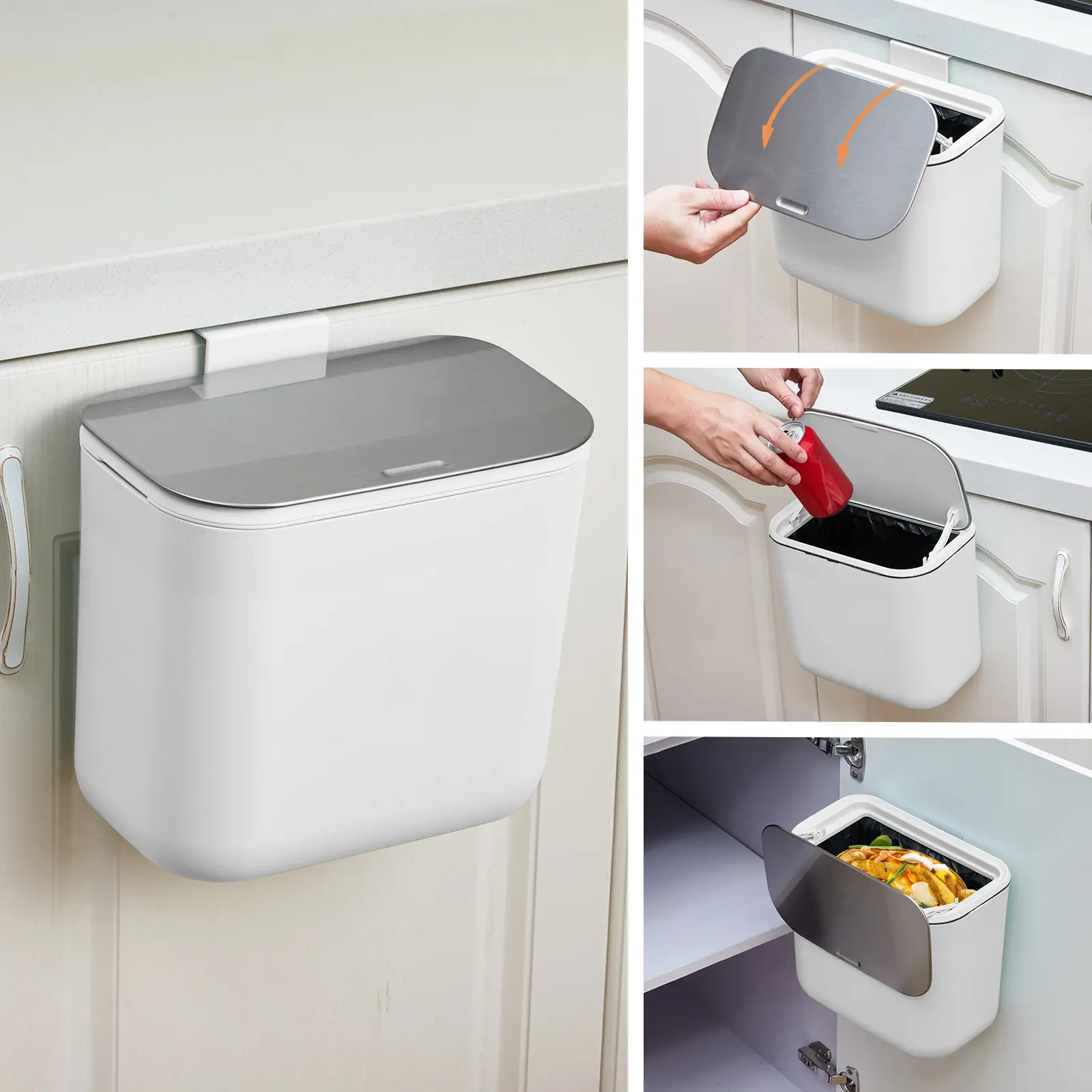 Odor-Proof Hanging Kitchen Compost Bin – Stainless Steel Lid, Removable Inner Bucket, Space-Saving Trash Can for Cabinet Door, Countertop, Under basin, RV, Office, Bathroom – 1.8 & 2.4 Gallon Options