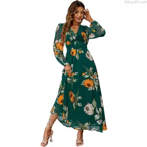Women's Floral Maxi Dress Flowy Casual V Neck Short Sleeve Wedding Guest Holiday Beach Long DressXXPacePivot9