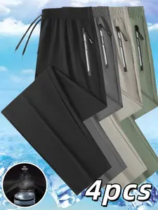 4 Piece Set Solid Color Ice Silk Casual Pants, Polyester Spandex Blend, Quick Dry Running Pants, Elastic Waist, Comfortable Sportswear