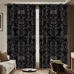 Two-Piece Half-Blackout Curtains for Living Room & Bedroom, Gothic Skull Print, Easy Installation, Suitable for Apartments & Hotels