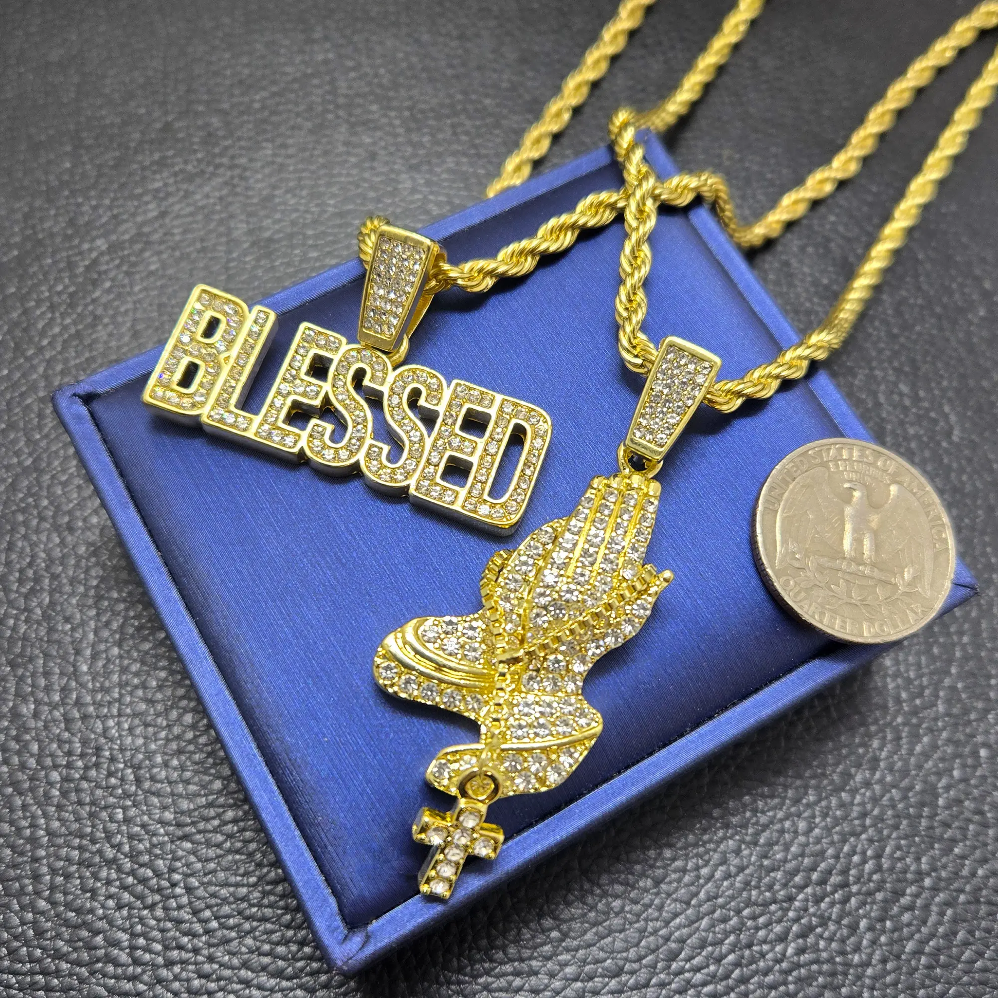 MaxBling81 Unisex Spiritual Jewelry Gold Set, High Polished 14-Karat Gold Plated Hip Hop Necklaces with Prayer Hands & BLESSED Iced CZ Pendants, 24-Inch Rope Chain, Chain & Link, Daily Wear, Celebrity-Inspired, Casual, Hip Hop Celebrity Style, Long, Adult