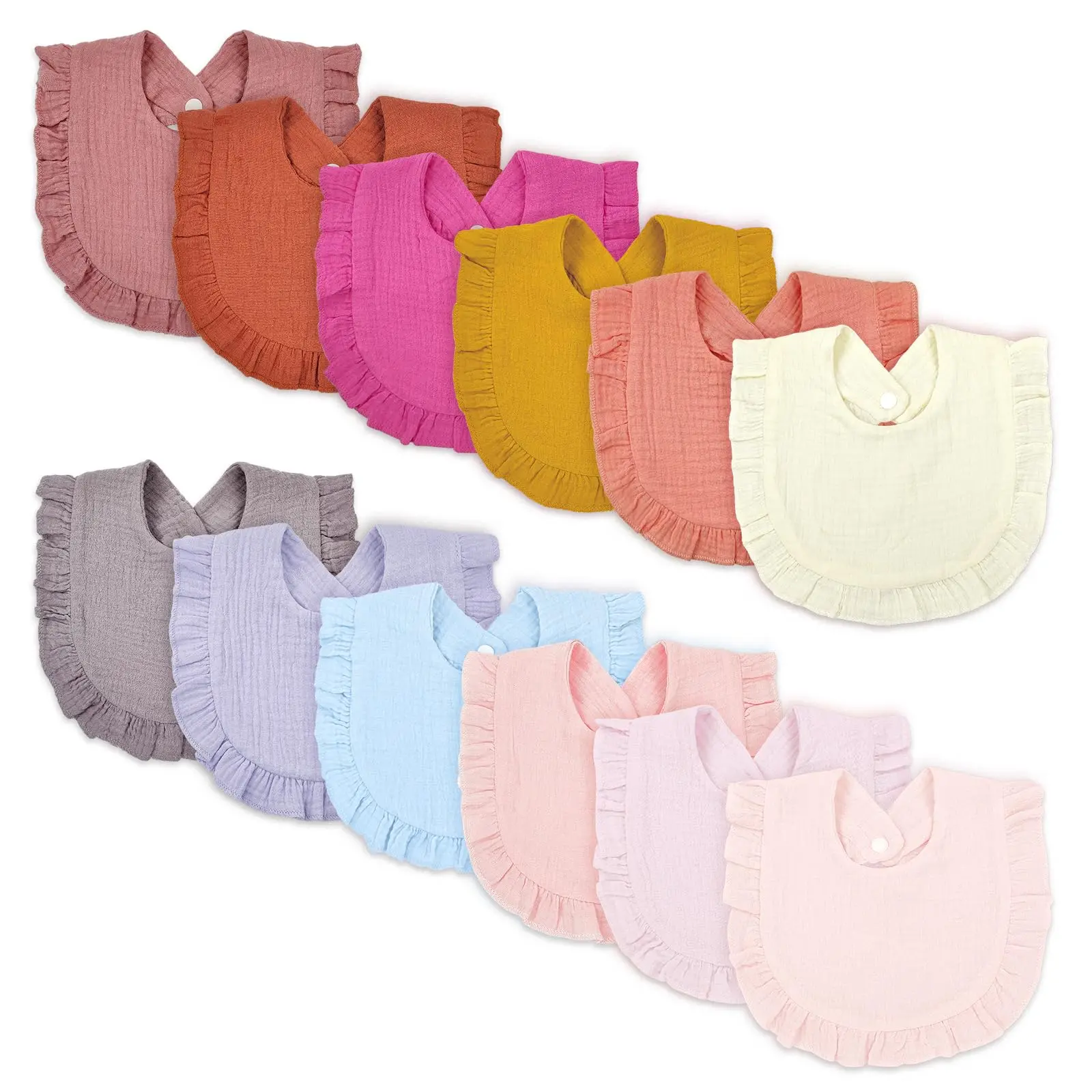 DOSMINE 12-Pack Organic Cotton Muslin Baby Bibs & Burp Cloths, 4-Layer Ultra Absorbent, Adjustable Snap Closure, Reversible Cartoon Design, Unisex Newborn/Infant Accessories, Baby Shower Gift, Muslin Burp Cloths