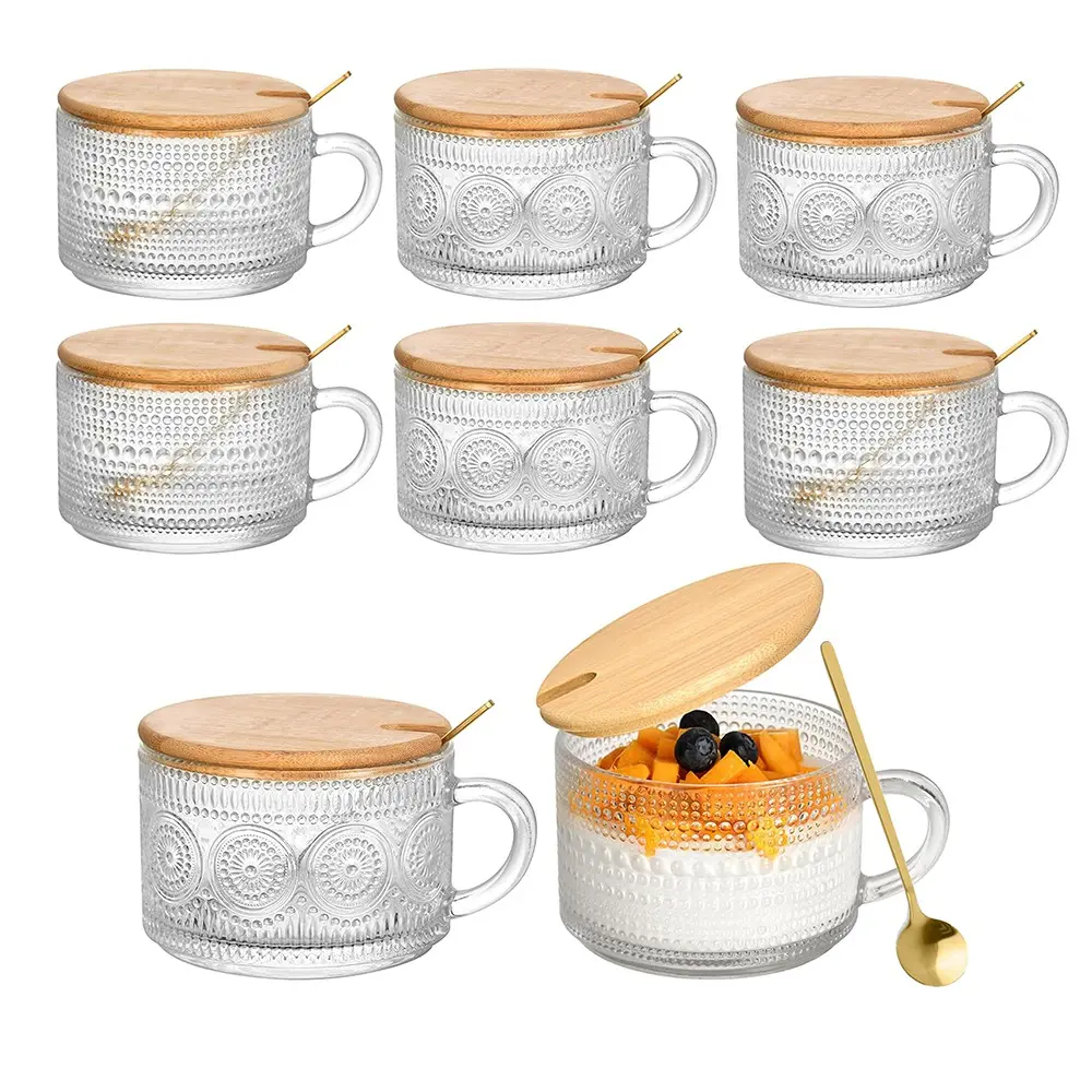8 Pcs Vintage Coffee Cup Pack, Thoughtful Gifts For Her – 14oz Crystal Clear Embossed Glass Mugs with Bamboo Tops and Spoons, Overnight Oats Pitchers, Iced Coffee Tumblers, Lovely Coffee Bar Accent & Accessories