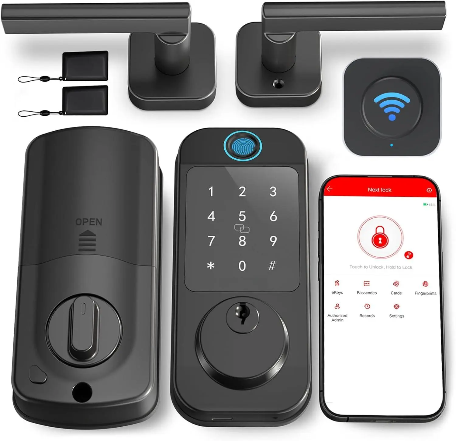 WiFi Door Lock with Handle Set , Fingerprint Smart Locks for Front Door, Keypad Bluetooth Digital Deadbolt Set, App Remote Control, Auto Lock, Easy to Install