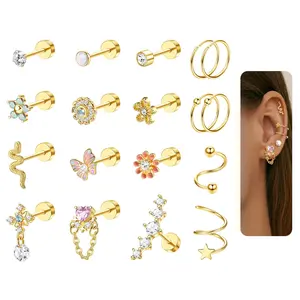 LOYALLOOK 18PCS Cartilage Earring Stack Stud Set for Women Surgical Steel Flat Back Earrings Couch Hoop Piercing Opal Flower Sanke Helix Tragus Piercing CZ Cartilage Earring Piercing Clean Girl Jewelry Studearrings