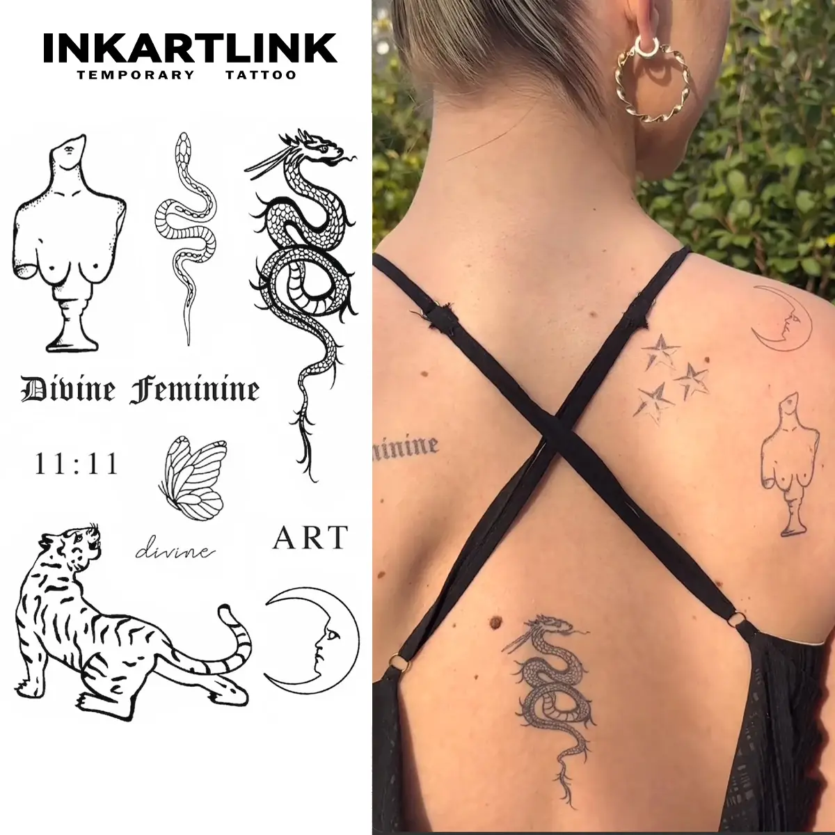 INKARTLINK Semi-Permanent Temporary Fake Tattoos (2 Sheets) - Pocket-Size Adult Rebellion Art Design, Waterproof, Realistic, No Adhesive/Reflection, Lasts 1-2 Weeks, All Skin Types, Ideal for Swimming, Party, For Men & Women