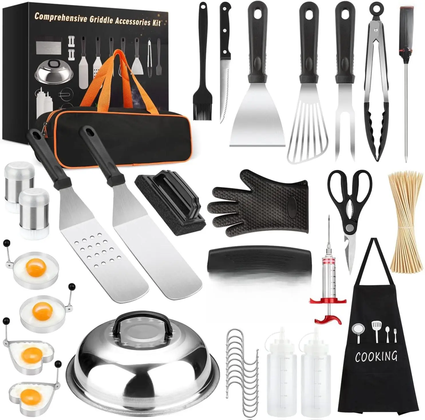 Griddle Accessories Kit, 135 Pcs Griddle Grill Tools Set for Blackstone and Camp Chef, Professional Grill BBQ Spatula Set with Basting Cover, Spatula, Scraper, Bottle, Tongs, Egg Ring