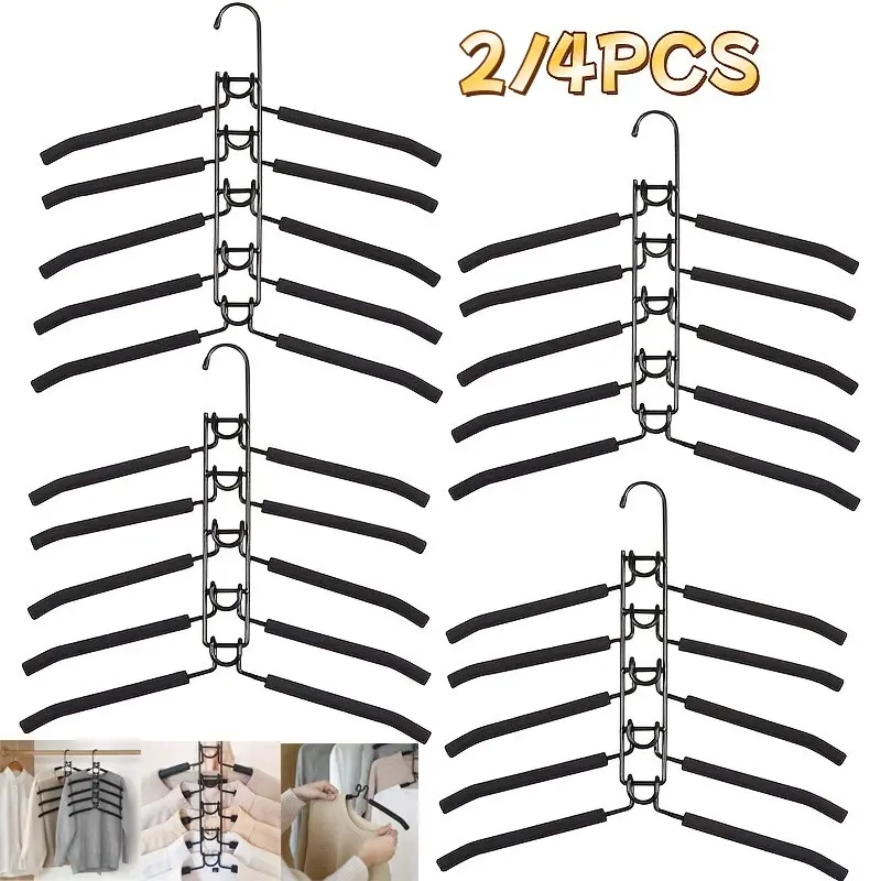 Durable Rust-Proof Metal Hangers with 5-Layer Hooks - 2/4-Pack Adjustable Non-Slip Hangers & Pegs, Universal Mount Space Saver for Wardrobe Bedroom T-Shirts, Coats