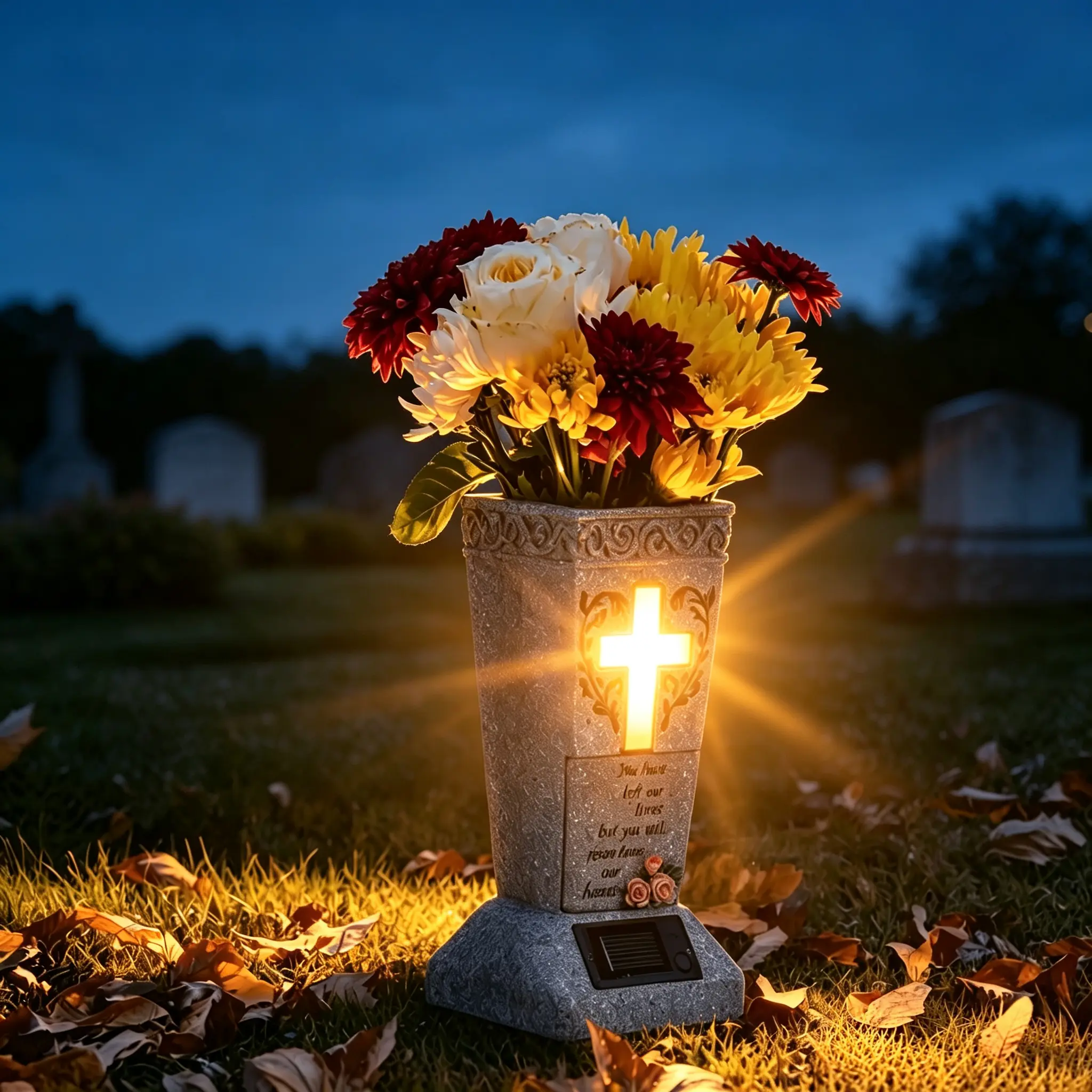 [1pc Solar Powered Grave Vase LED] 1pc Classic Solar Powered Grave Vase with LED, Plastic Floor Mount Memorial Gravestone Decoration, Family Theme Outdoor Graveyard Decor, Solar Charging with 1200mAh Battery, Includes Stakes for Artificial/Real Flowers