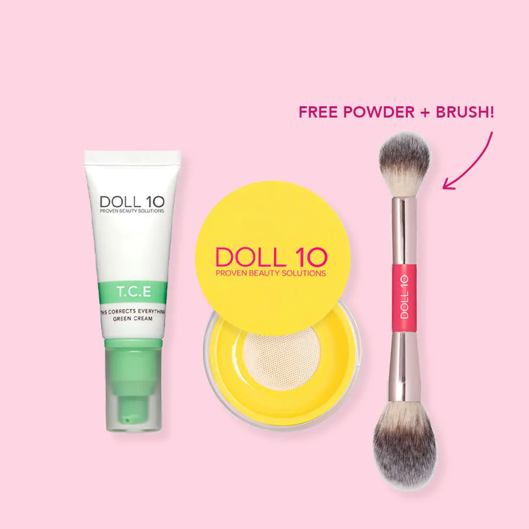 Redness Relief Bundle | Green Cream, Yellow Powder, Double ended Brush