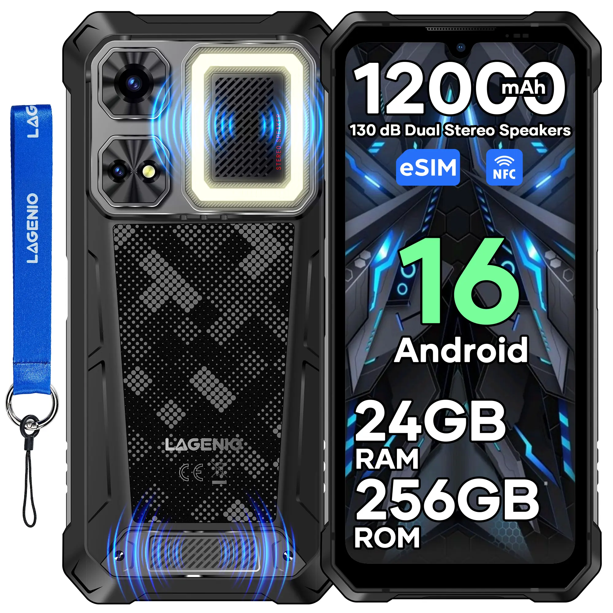Unlocked LAGENIO Rhino 1 Pro  Rugged Outdoor Smartphone,Android 16,24GB + 256GB,64MP Rear Camera,Gemini AI 6.7'' 120Hz,12000mAh,4G Dual SIM,eSIM,IP68 IP69K MIL-STD-810H Waterproof, Fingerprint, NFC,130dB super loud speaker,High-Lumen Camping Light.
