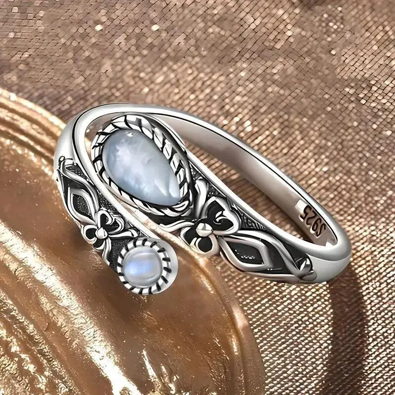 Women's Hypoallergenic Silver-Plated Moonstone Birthstone Ring - Adjustable Bohemian Alloy Layered Boho Accessory, Ideal Gift for Special Occasions, Birthstone Rings, Bohemian Rings