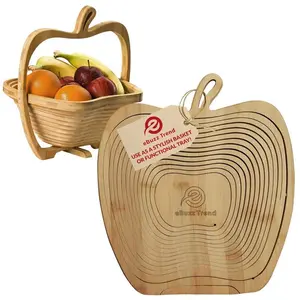 eBuzz Trend Apple Shaped Foldable Bamboo Dried Fruits Basket & Tray Collapsible Wooden Fruit Bowl Holder for Kitchen Table & Holiday Decor Eco Friendly Storage