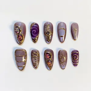 Purple Cat Eye Nails/3D Gold Chrome Nails/Purple Press on nails long almond nails/Star Nails/Swirl nails/Moon Nails/Purple Nails/Aura Nails 51AAY0