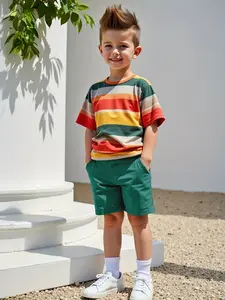 Vibrant Rainbow Striped Kids Clothing Two-Piece Set, Short Sleeve Shorts Design, Casual Fitted Summer for Boys, All over Print