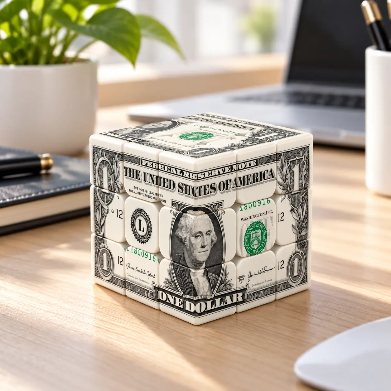 Banknote-patterned infinity cube stress-relief toy; a portable, desktop sensory toy suitable for adults, teens, and children.