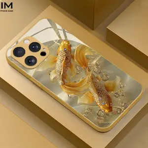 Fish Pattern Aesthetic iPhone Case, Diamond Embellished Metallic Painted Tempered Glass Cover, Protector Fits iPhone 17/16/15/14/13/12/11/XS/XR/x-Pro Max Accessories