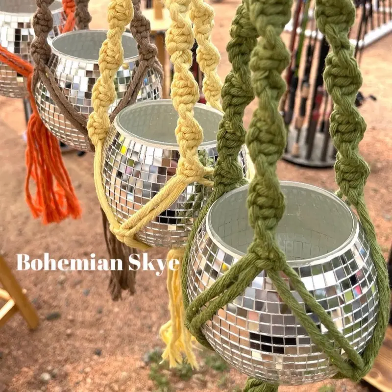 Disco ball pot with macrame hanger, disco ball decor