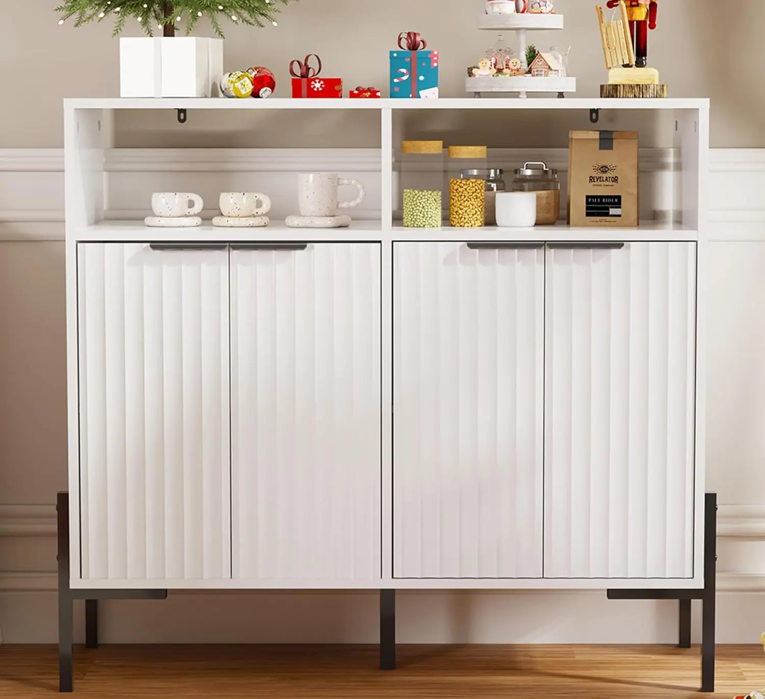 White Buffet Cabinet with Storage, Fluted Storage Cabinet with Doors & Adjustable Shelves, Solid Wood TV Stand Credenza for Kitchen Dining Room, 41"L x 14"D x 37"H Easy Assembly Kitchen Sideboard