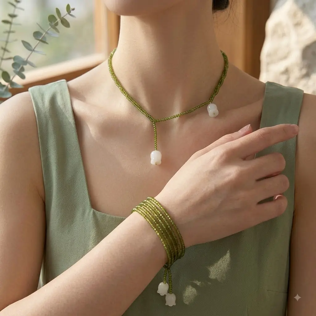 Lily of the Valley Flower Charm Cottagecore Costume Jewelry - Long 70cm Resin Chain, 2-Way Adjustable Wrap Necklace or Bracelet with Sliding Knot