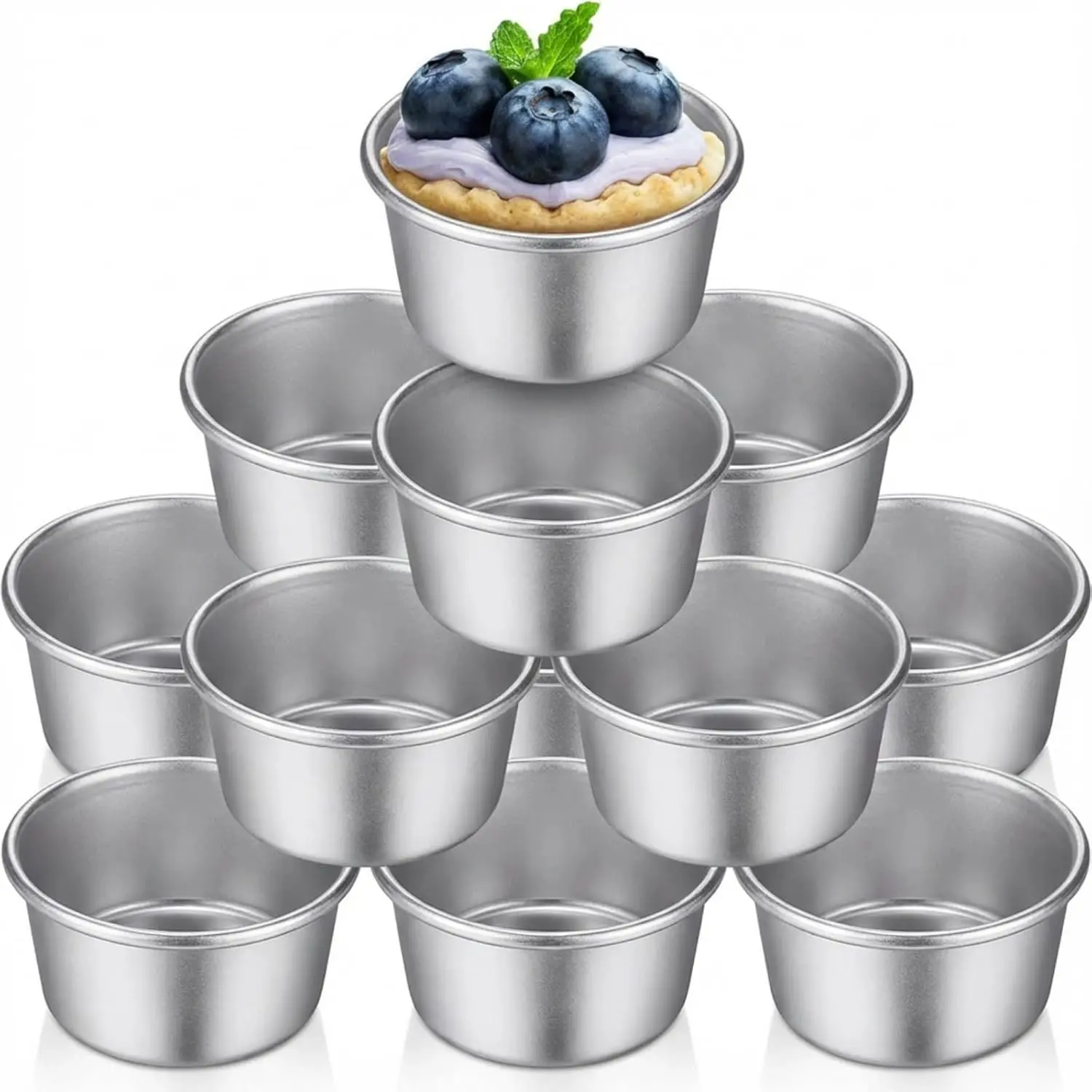 Portable 10-Pack Aluminium Round Nonstick Flan Molds - Shaped Carbon Steel Baking Desserts Tools for Egg Tarts, Pudding, Mini Chocolate Molten Cakes, Cupcakes, Cookies, Popovers (2.6x2x1.3in, Reusable), Mold Set