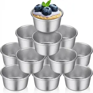 Pack of 10 Individual Flan Molds Egg Tart Molds Pudding Cups Mini Chocolate Molten Pans Carbon Steel Cupcake Cake Cookie, Round Nonstick Popover Bakeware Tumblers(2.6 x 2 x 1.3 Inch)