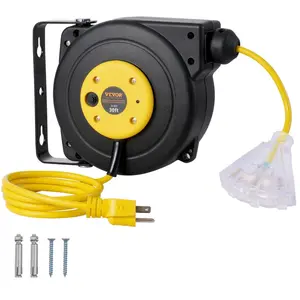 VEVOR Retractable Extension Cord Reel, 30 FT, Heavy Duty 16AWG/3C SJTOW Retractable Power Cord Reel with Lighted Triple Tap Outlet 10 Amp Circuit Breaker 4.5FT Lead-in Cord, for Ceiling or Wall Mount
