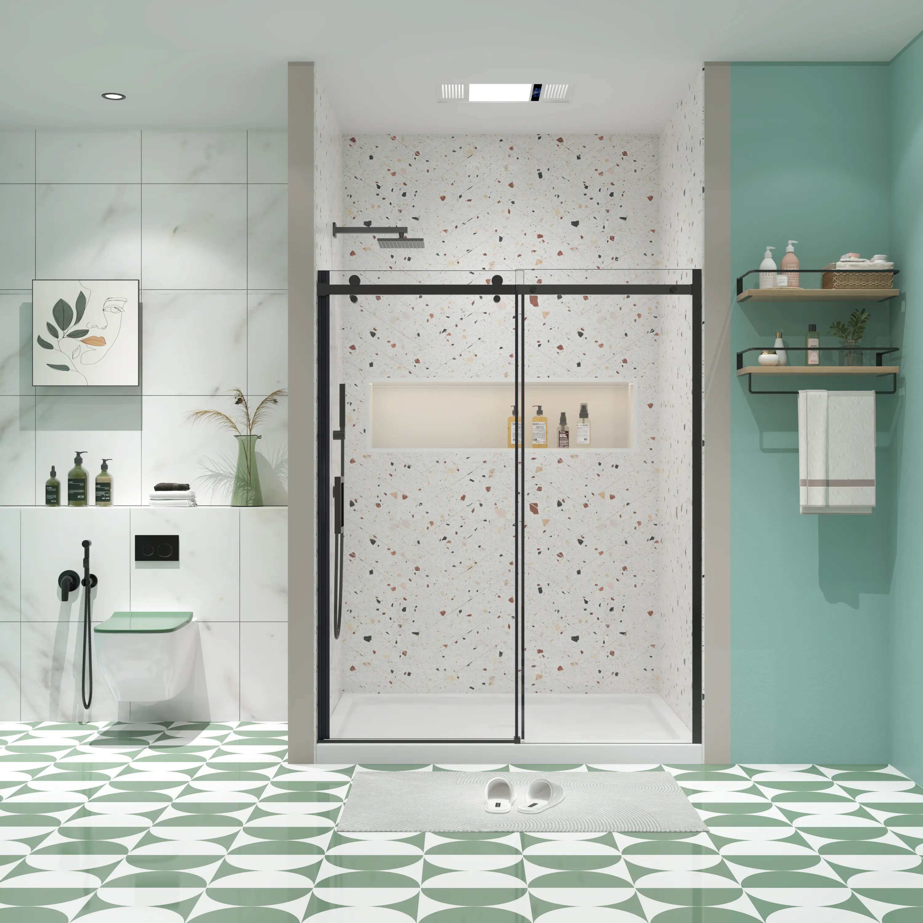 YYDS Bathroom Sliding Glass Door - 5/16" Thick Tempered Glass, Matted Black Finish, Aluminum Frame & Top Track, Adjustable, Anti-Leakage, Easy Install, Smooth Slide Doors (74"H, 46"-48"W, Model 4874)