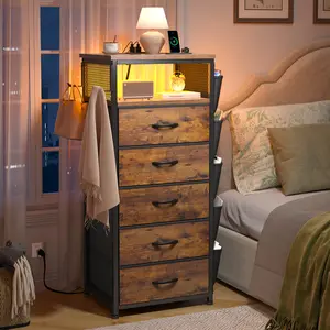 [Housewarming Gifts] Raybee 37.6" Tall LED Charging Nightstand with 4/5 Fabric Drawer & Power Outlet for Tall Bed, Set of 1/2,  Bedside Table, Tall Dresser with Hooks & Pockets, End Table for Living Room, Storage Cabinet