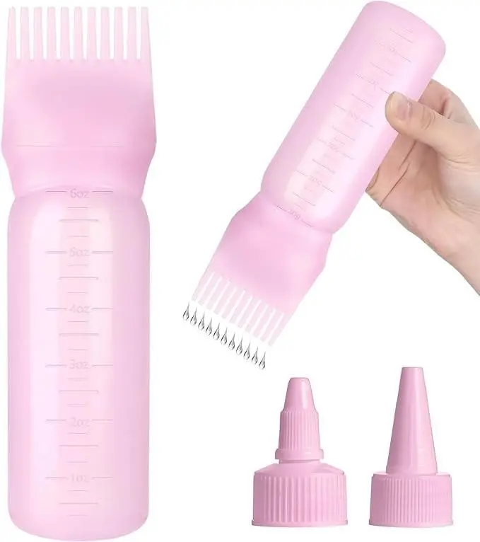 6 oz Root Comb Applicator Bottle for Mess-Free Hair Dye and Oil Application, Pink Reusable Haircare Tool with Graduated Scale for Home Styling, Home Styling Tool, Mess-Free Apply, Lightweight, 6Oz