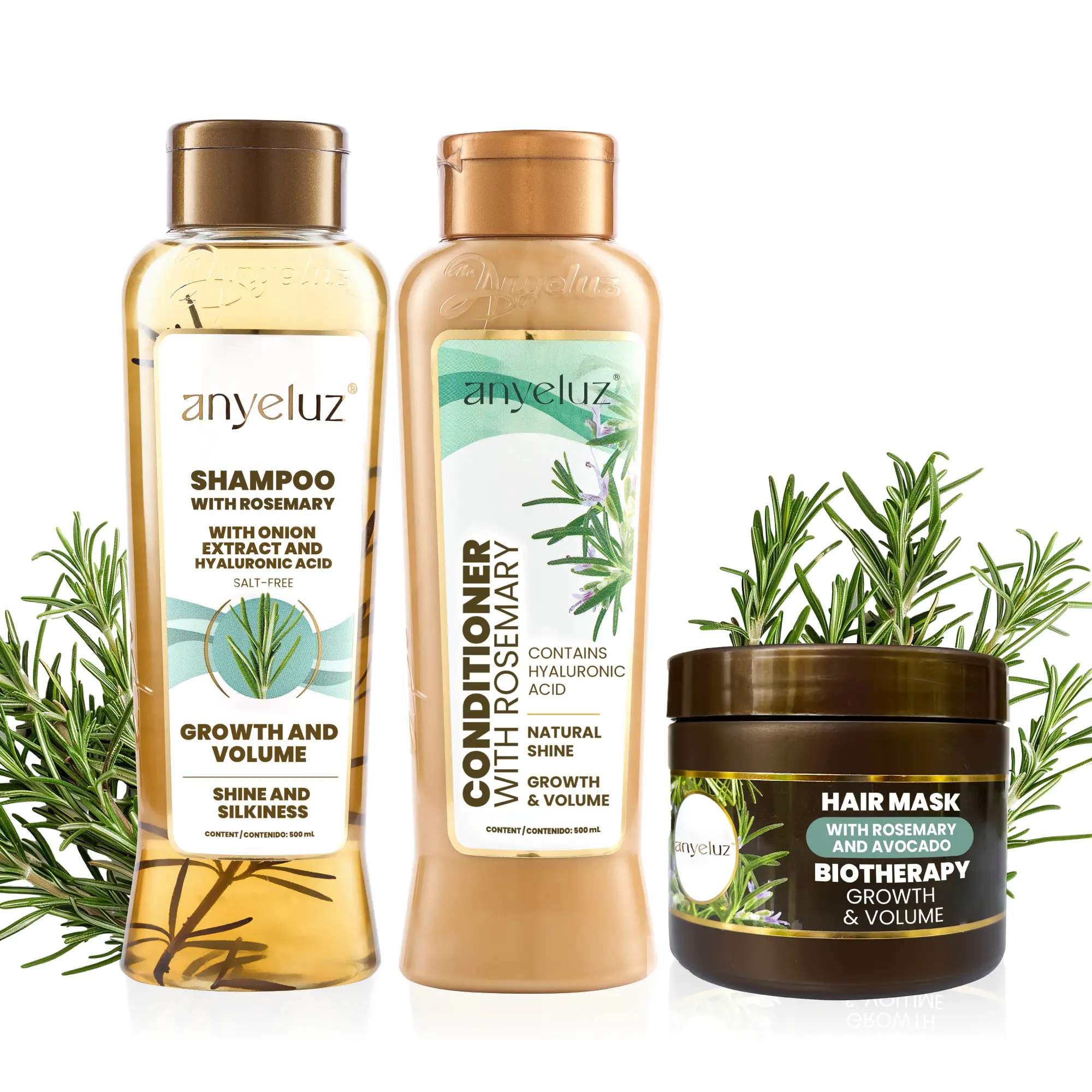 ANYELUZ 3-Piece Rosemary Hair Care Set with Shampoo, Conditioner and Mask for Hydration and Shine