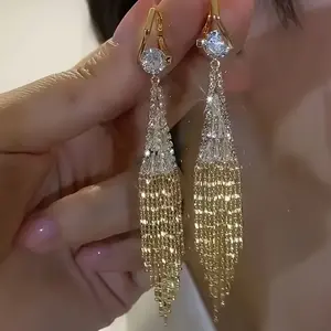 jewelry [Gold Earrings] 14k Gold Plated Elegant Dangle Earrings | Sparkling Tassel Design Paved Shining Zirconia Match Daily Outfits Party Accessories Casual Dating Decor