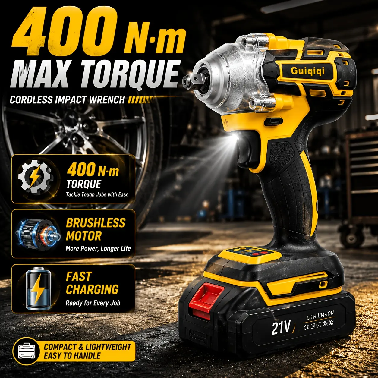 21V Wireless Impact Wrench, 400N.m Impact Wrench High Torque, Wireless Wrench Kit Tools, Equipped With 1 Or 2 Batteries, Rechargeable Battery. Wireless Drill/driver Compatible With Car, Motorcycle Repair, Gift For Mechanics, DIY Enthusiasts And Men