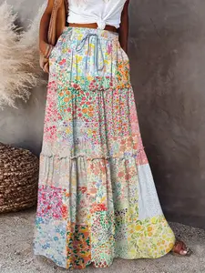 Boho Print A-Line Midi Skirt, High Waist Elastic Waist Tie Front, Summer Beach Dress, Slimming Hidden Pockets, Casual Vacation Style