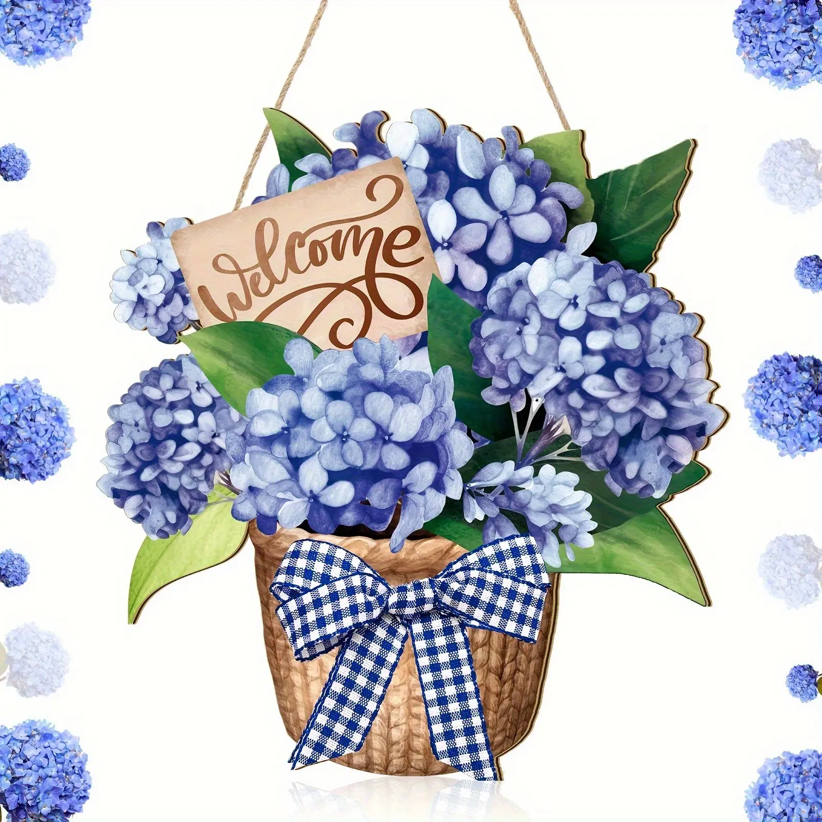 Country Style Wooden Welcome Sign with Blue Hydrangea, Plaid Bow, Elegant Calligraphy Font, Recycled Wood Spring Summer Door Decor, Hanging Farmhouse Sign, Hanging Flowers
