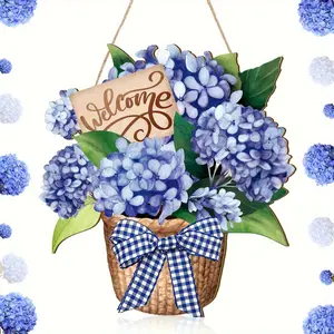 Country Style Wooden Welcome Sign with Blue Hydrangea, Plaid Bow, Elegant Calligraphy Font, Recycled Wood Spring Summer Door Decor, Hanging Farmhouse Sign, Hanging Flowers