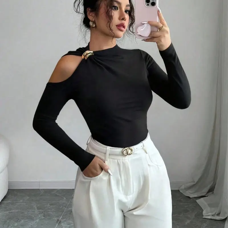Sexy Fitted Long Sleeve Top Metal Decoration Design, Shoulder Cut Out Neckline, Fashion Chic Elegant Casual Women's Casual Wear, Perfect Daily Choice, Everyday, Cutout, Womenswear