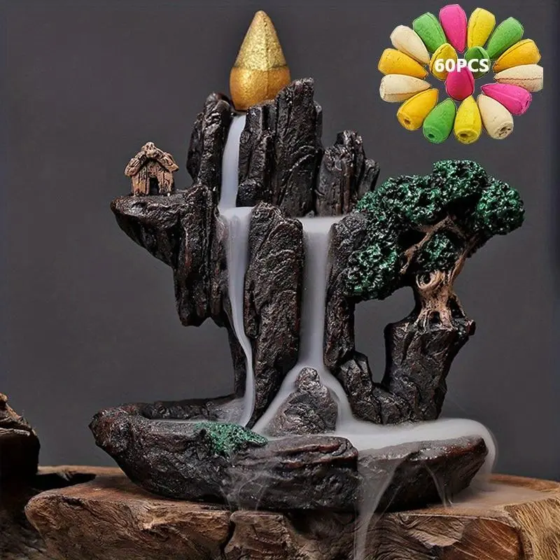 1set Incense Cones Burner, Resin Backflow Incense Burner Holder, Mountain Stream Censer Holder, Solid Form, No Flammable Liquid, Without Incense, Fragrance, Scent, Decoration, Aroma, Ambiance