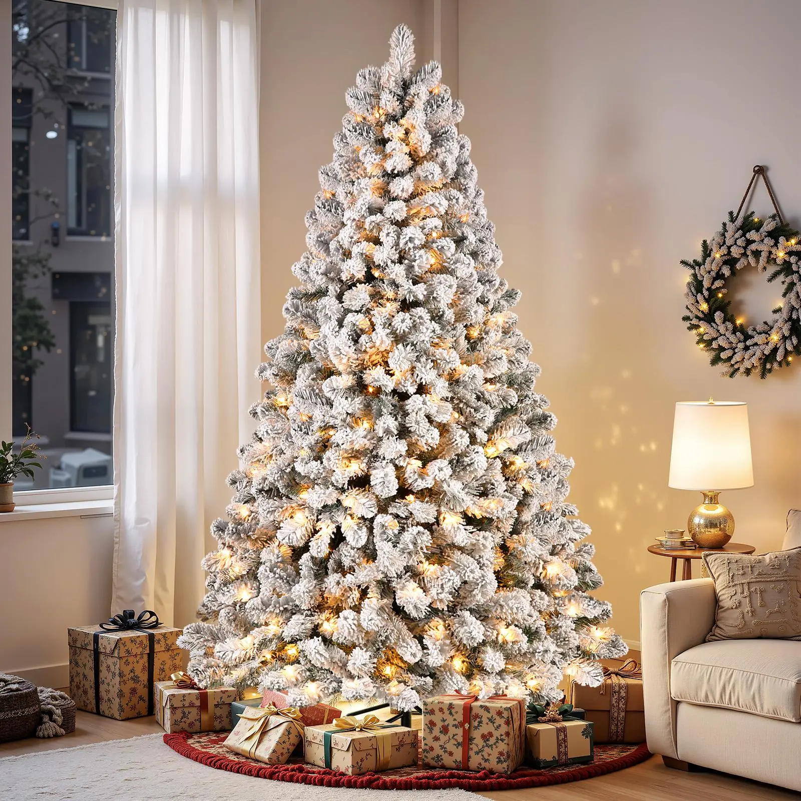 4/5/6/7.5/9FT Pre-Lit Snow Flocked Christmas Tree with Warm Lights,Deluxe Dense Branches,Foldable Base,Cozy Home & Holiday Decor