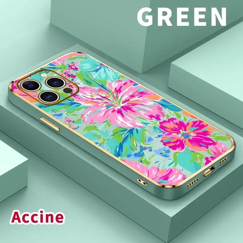 Electroplating Slim Lightweight Cellphone Case - Protective Slip Resistant TPU Soft Shell for iPhone 17 Pro Max,16,15,14 Plus,13,12,11 - Floral Color Symphony Pattern, Classic Square Design, Slim Feels Light in Your Hand Accessory
