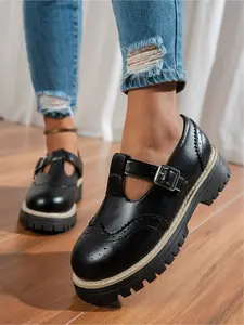 [British Style Platform Classic Mary Jane Shoes] Vintage Stylish Retro Brogue Buckle Strap Leather Shoes  Women Preppy Height-Increasing Platform Shoes  Soft Sole, Comfortable & Versatile  Platform Mary Janes Available in Black & Brown