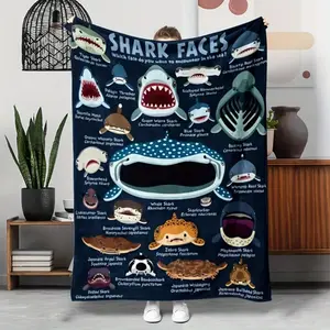 Soft Funny Throw Blanket Coastal Style Shark Faces Flannel All-Season Knitted,Multipurpose For Travel,Camping,Sofa Animal Theme Printed Blanket
