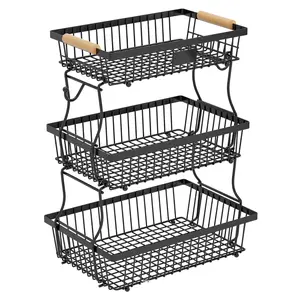 3-Tier Industrial Wire Mesh Storage Basket with Detachable Wooden Accents, Metal Organizer for Kitchen Countertop & Laundry, Home Supplies Rack