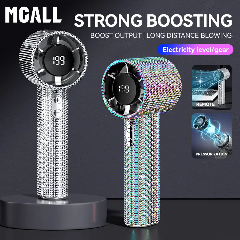MGALL S5 Full Diamond Luxury Craftsmanship Portable Handheld Turbo Fan, 3 Gear Wind, Rechargeable Long Battery Life Hand Fan With Digital Display For