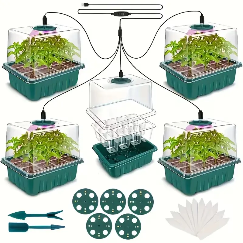 5 Sets Seed Starter Tray with Grow Light Elevated Seedling Tray Kit Adjustable Humidity Dome Clear Cell Trays for Greenhouse Seed Starting Plant Germination