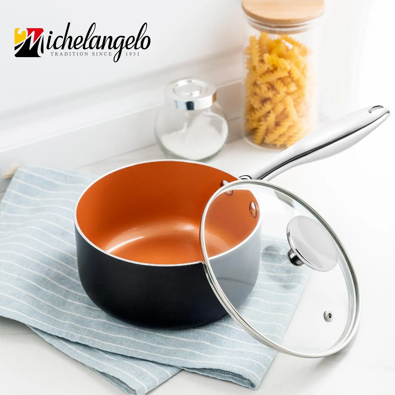 MICHELANGELO Nonstick 1Qt & 2Qt Copper Sauce Pan Set with Lid, Small Pot with Lid, Ceramic Nonstick Saucepan Set, Small Sauce Pots Cookware