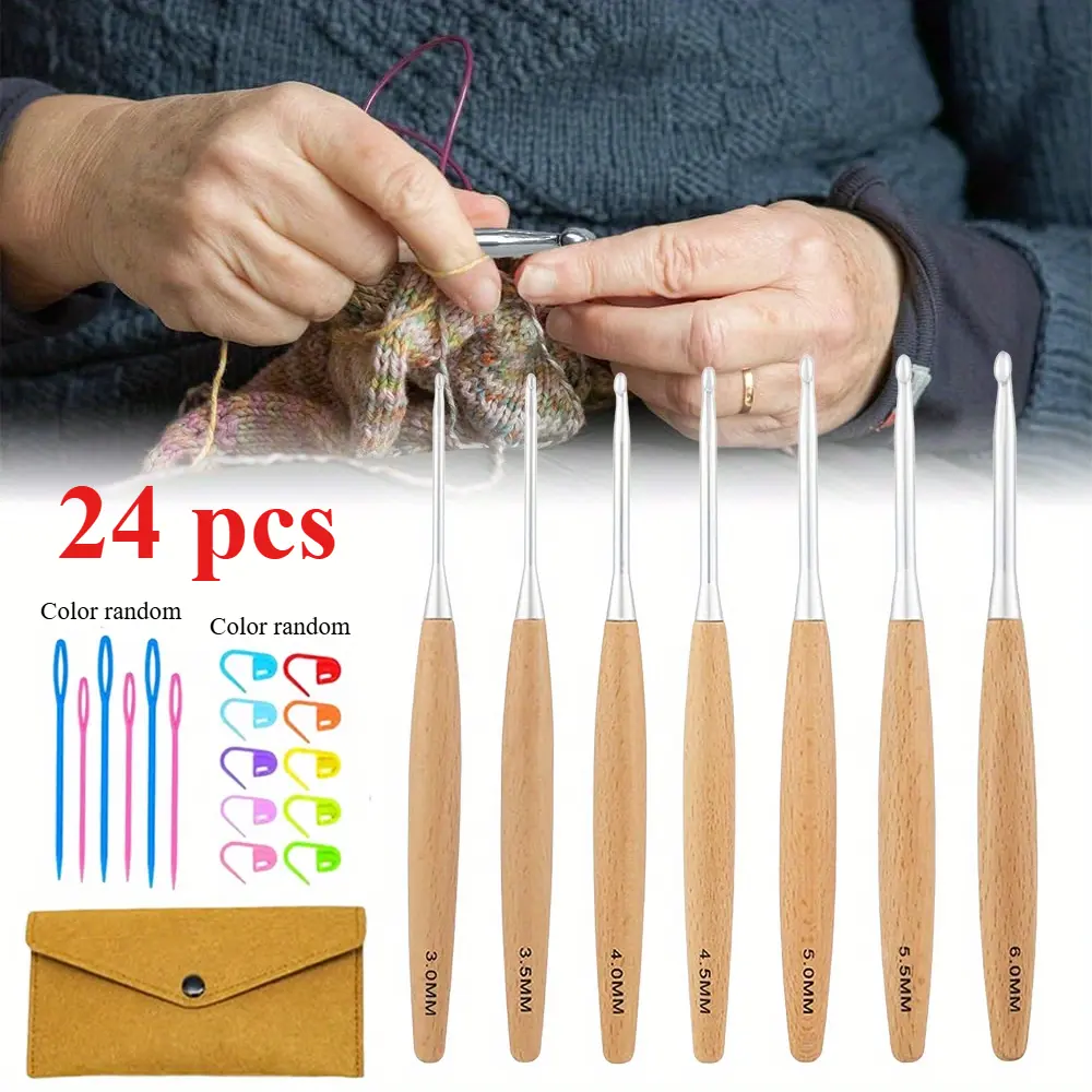 24-Pcs Beech Wood Knitting Needles & Crochet Hooks Set - 3.0mm~6.0mm Double-Polished Smooth Tip, Lightweight Ergonomic Easy-to-Grip Parts, 1 Rolling Felt Bag, 10 Stitch Markers, Aluminum Craft Storage Case, 7pcs Crochet Needles