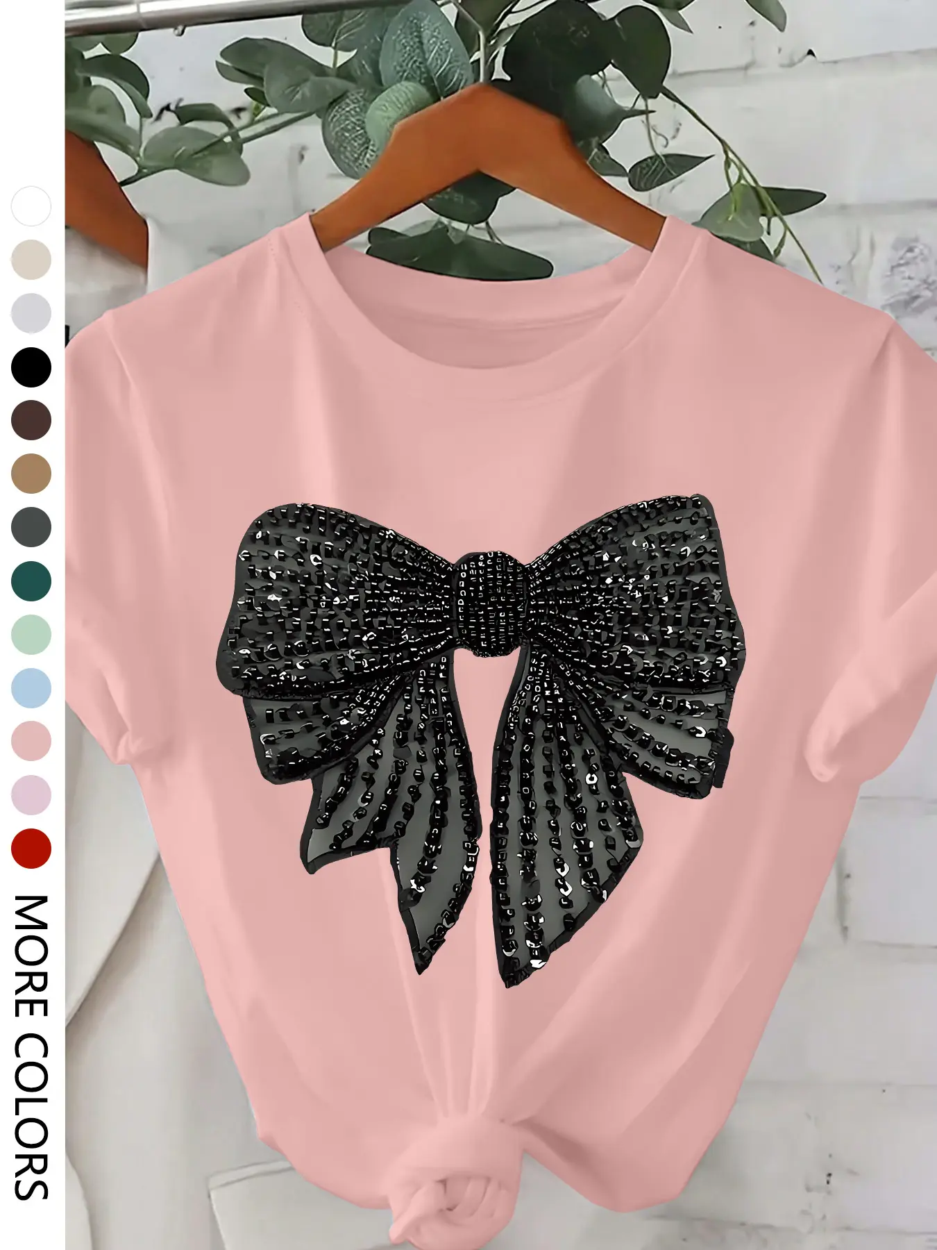 Women's Glitter Bow Print Short Sleeve Tee, Casual Round Neck T-shirt for Daily Wear, Ladies Sleepwear for All Seasons, Sequin, Top, Printed