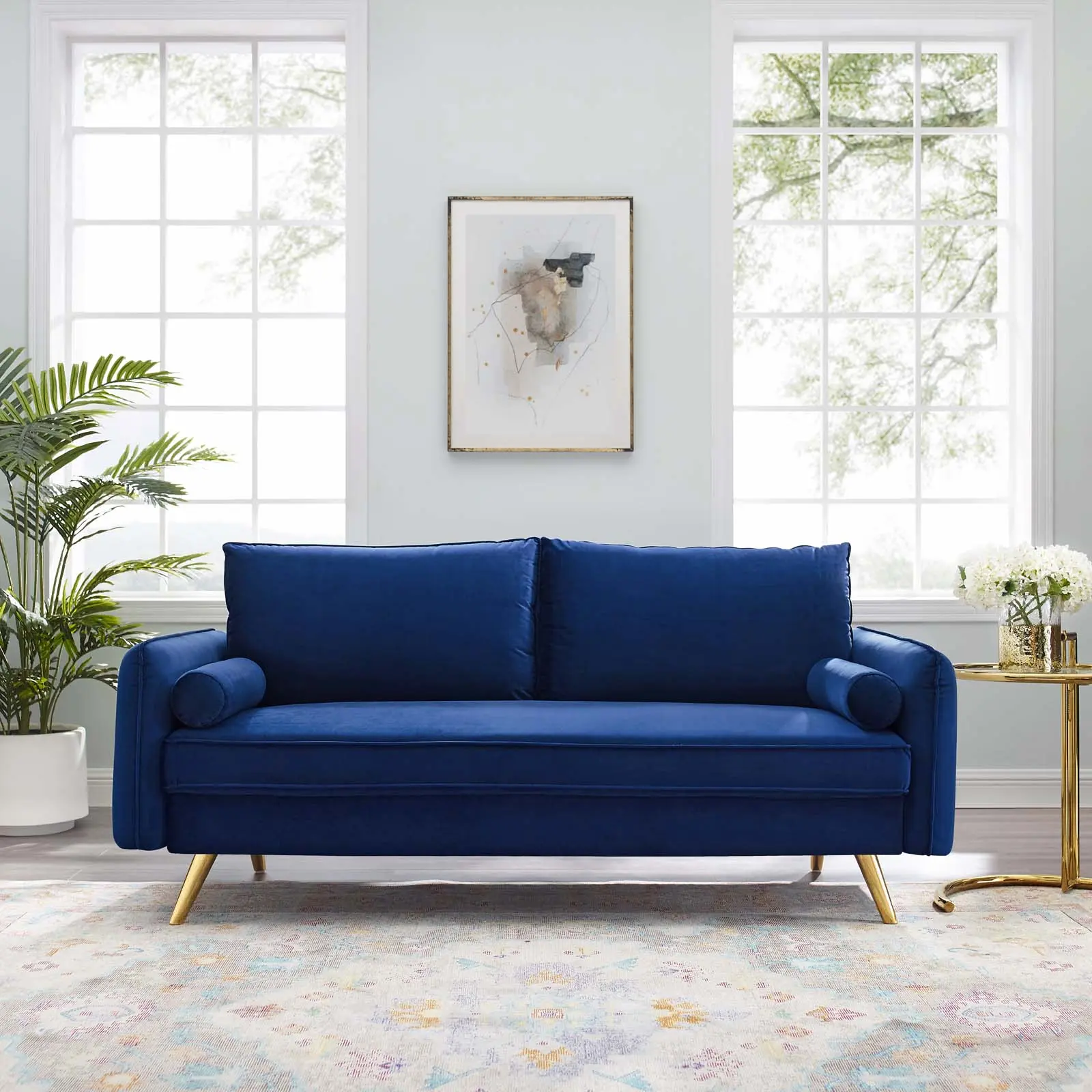 Modway Revive Durable Performance Velvet Sofa - Navy Indoor Living Room Sit-Down Furniture Couch with Splayed Legs, Sturdy Build, Approachable Design, Lounge Use & Included Pillows